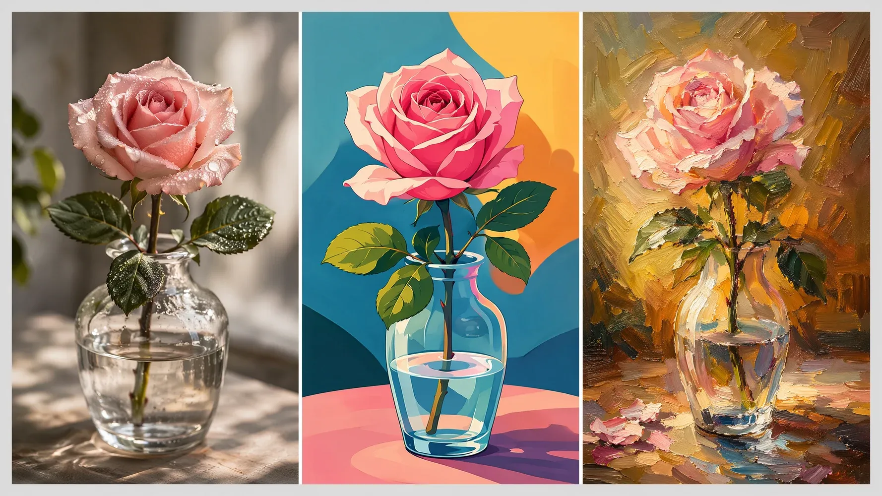 rose in three different art styles