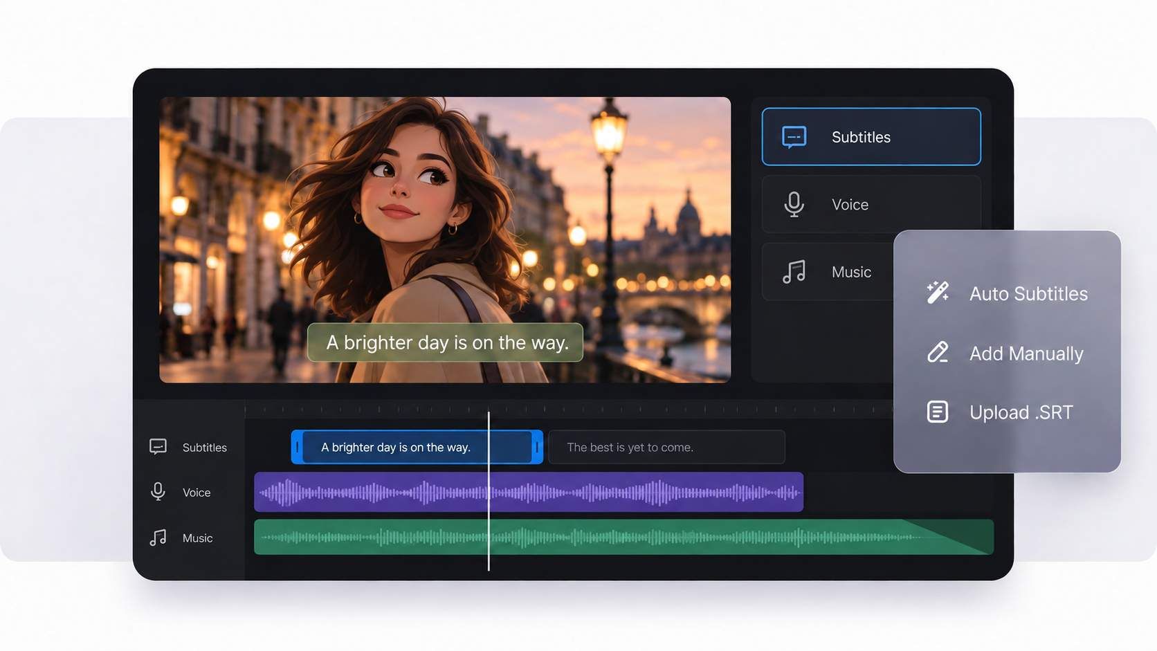 Voiceover music and subtitles in an animated video