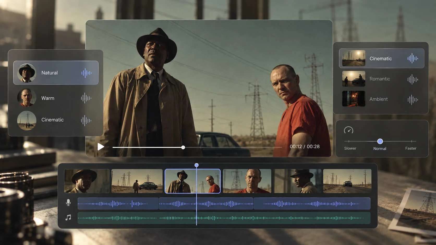 Voice, music, subtitles, and movie scenes arranged on a visual track