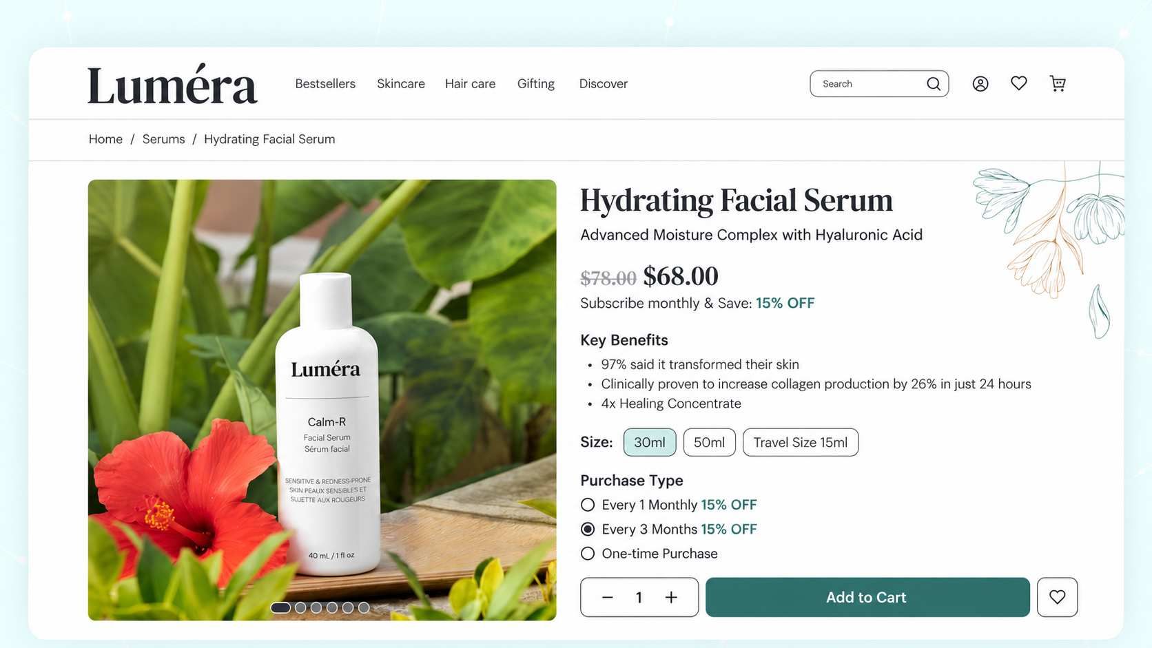 Skincare serum product page with product imagery, details, and purchase options